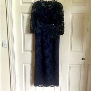 Rickie Freeman for Teri Jon Blue V-Neck Gown with Bishop Sleeves